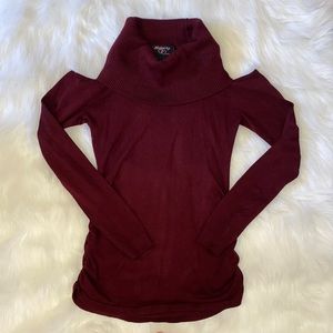 Hooked Up Burgundy Turtle Neck Cut Out Shoulder Ruched Side Long Sleeve Top